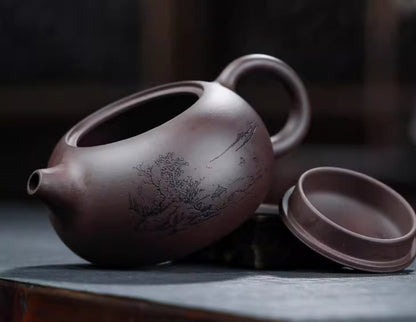 5.9" Chinese Yixing Zisha Pottery Purple Mud 420CC Hill Water Kung Fu Teapot