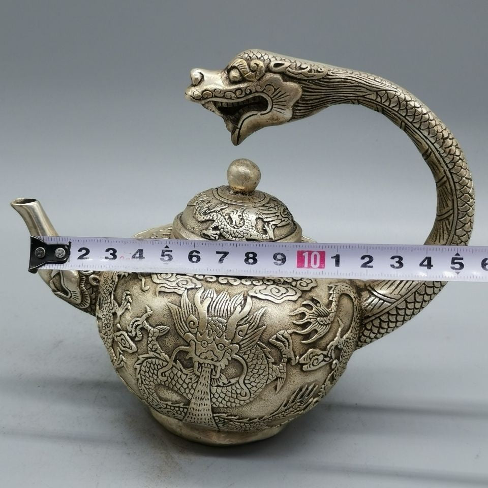 Vintage Chinese Silver Plated Copper Dragon Teapot Xuande Style 15cm