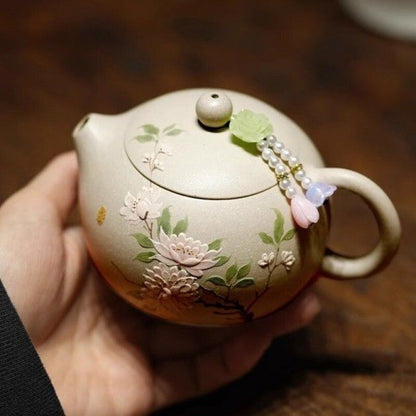Full Handmade Tea Pot Marked Xishi Pot Peony Relief Carved Real Yixing Zisha New