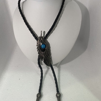 Western Cowboy Bolo Tie Feather Metal Blue Bead Unisex Cos Necklace