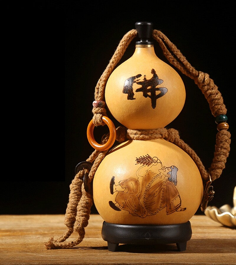 5" Natural Wine Gourd Carved Ji Gong Buddhist Monk Out Water Calabash Bottle