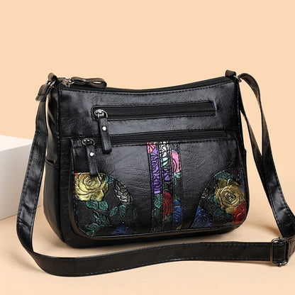 Soft Leather Messenger Shoulder Handbag Purse Flowers Multi-pocket Crossbody 1PC