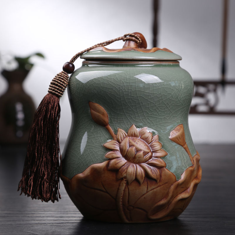 China Ceramic Container Jar Gourd Lotus Tea Caddy Tea Storage Canister Jar