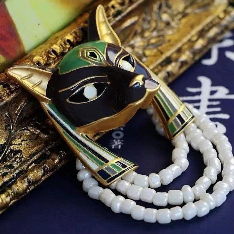 Vintage Egyptian Cat Earrings Enamel Pearl Retro Court Ear Clips