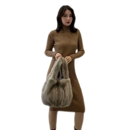 Womens Real Fur Handbag Full-pelt Mink Fur Tote Bag Genuine Sheep Leather Bottom