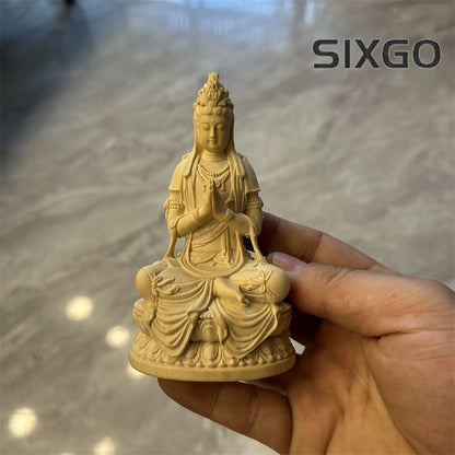 11cm Retro Boxwood Handcarved Avalokitesvara Bodhisattva Buddha Statue Ornament