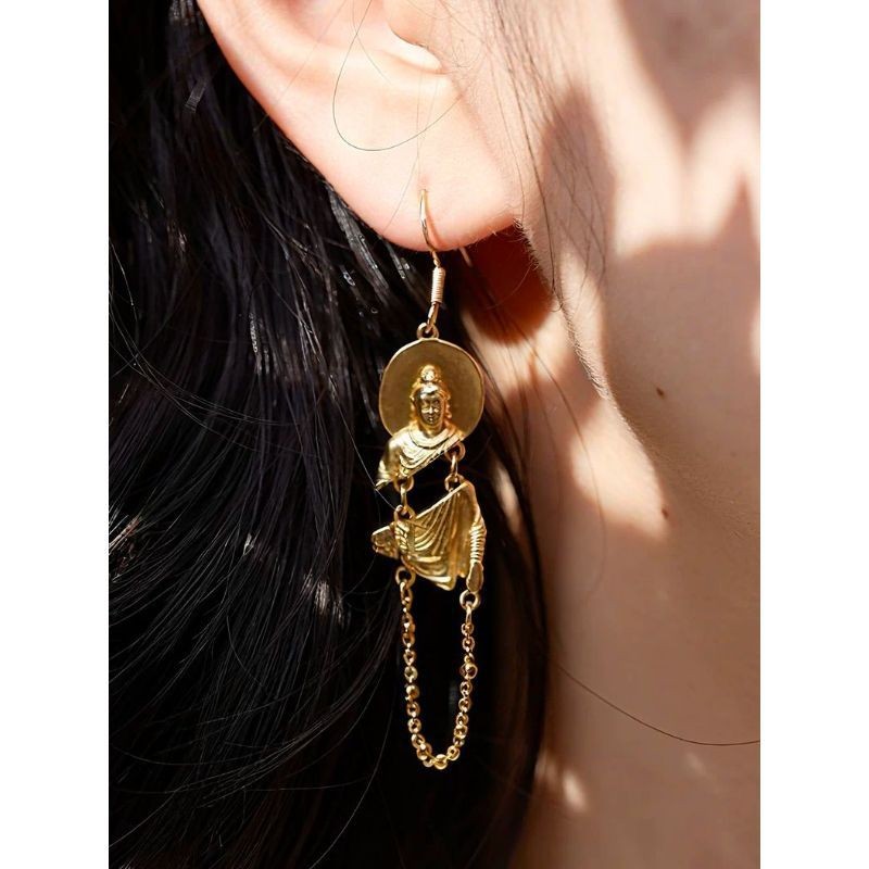 Vintage Asymmetrical Gandhara Fragment Earrings Luxury Gold Dangle Pair