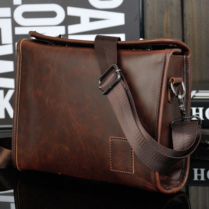 Mens Leather Sling Shoulder Bag 10" Business Briefcase Messenger Bag Double Lock