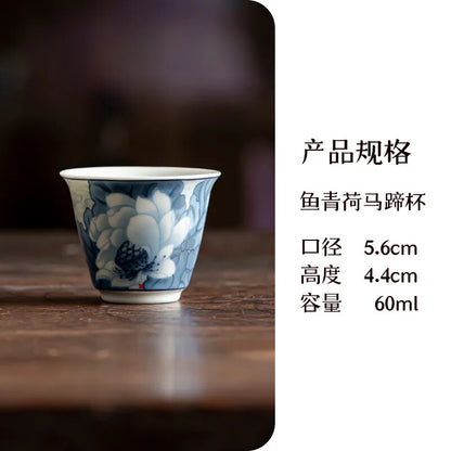 Blue and White Master Cups Underglazed Hand Painted Red Fish Lotus Teacup