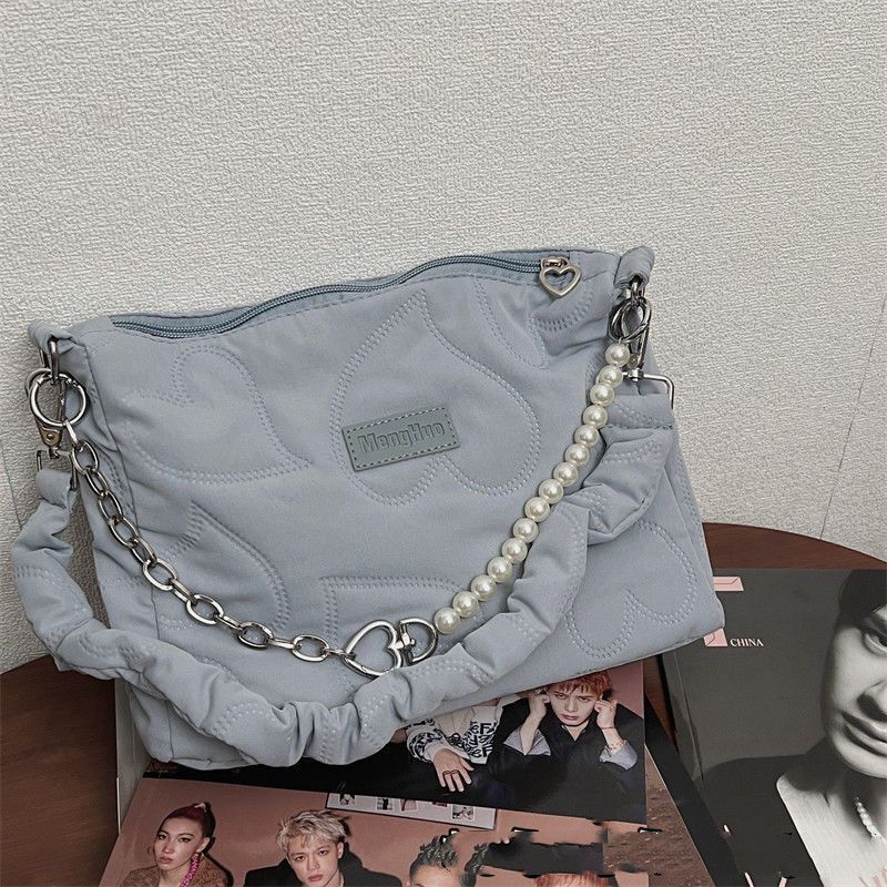 Heart Thread Bag Chain Shoulder Bag Zipper Beaded Handbag Black Brown White Pink