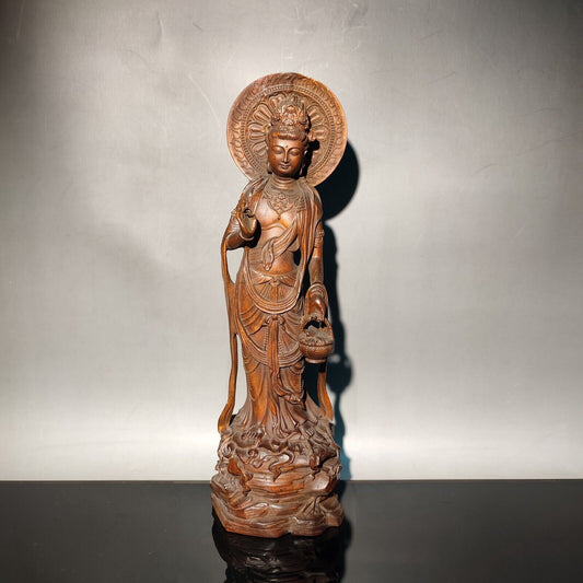8" Shopping basket guanyin fish kwan yin statue wood sculpture home decor wooden