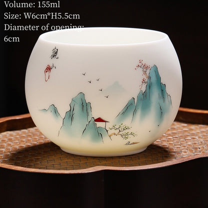 One Cup Fat Mutton Jade Porcelain Kungfu Tea Cup Mountain River Print Mug 110ml
