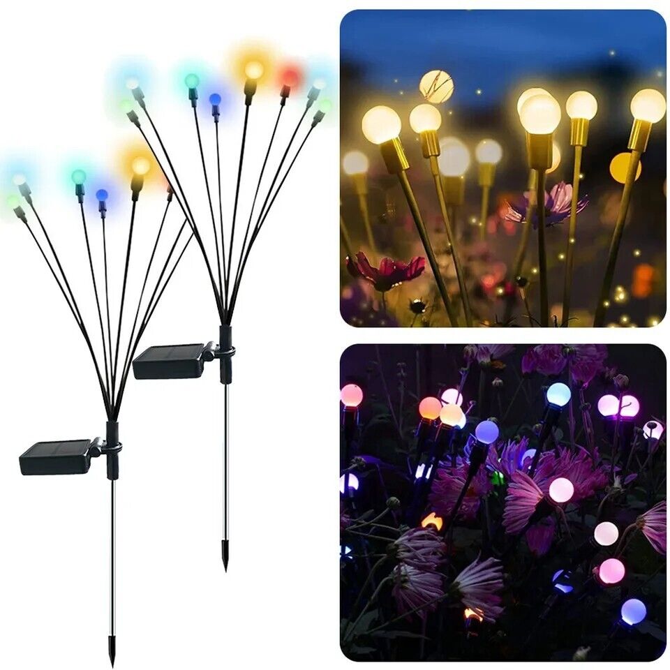 8 LED Solar Firefly Lights 2 Pack Swaying Outdoor Garden Pathway Landscape Decor