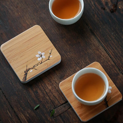 Handpainted Plum Flower Bamboo Teacuo Saucers Tea Coasters Accessories