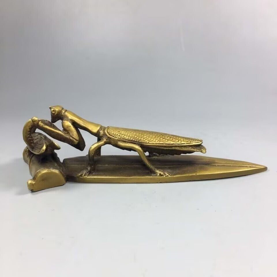 Brass Manti Stalking Cicada Statue Paper Weight Collection Table Zen Decor