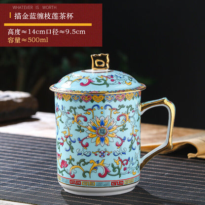 4.82" Chinese Jingdezhen Ceramic Household Tea Cup with Lid Bone Water Cup Gift