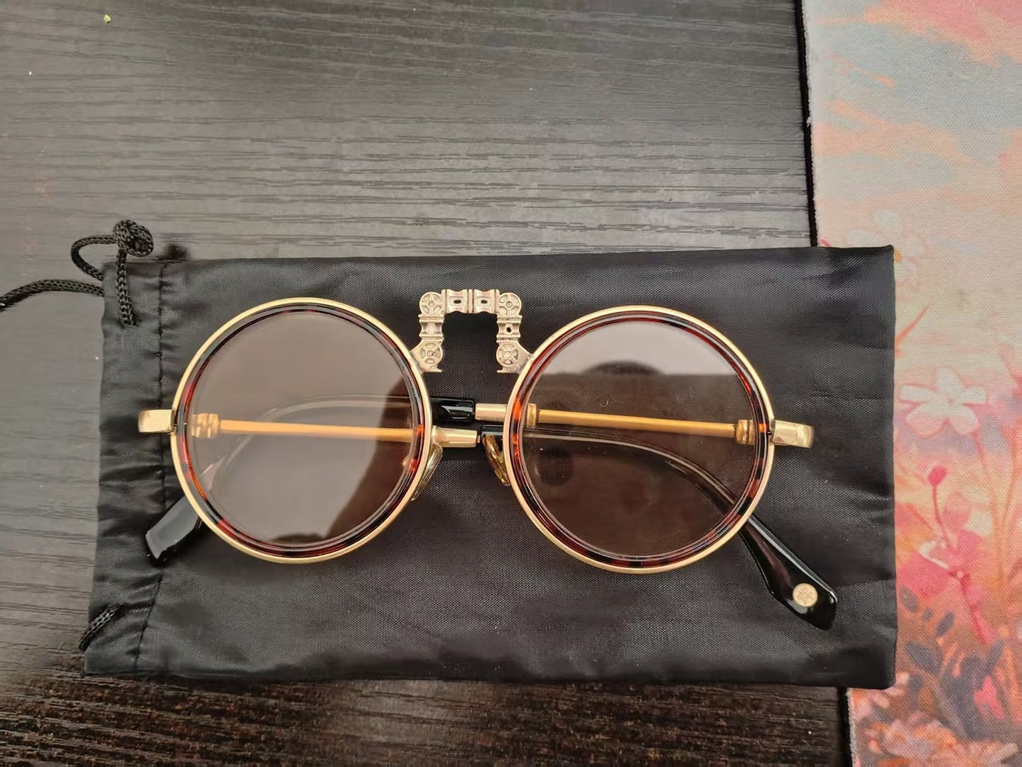 Vintage Chinese Crystal Round Glasses Tea Tint Copper Frame Eyewear
