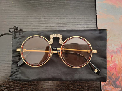 Vintage Chinese Crystal Round Glasses Tea Tint Copper Frame Eyewear