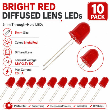 10mm Jumbo Red Diffused LED, 2-Pin Round, 1.8-2.2V 20mA - 100 Pack