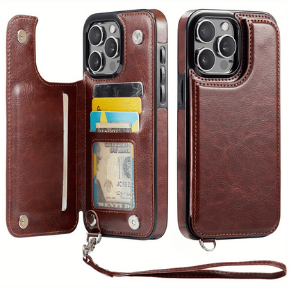 For iPhone 16/15/14/13/12/11 Pro Max Wallet Case with Card Holder Wrist Strap