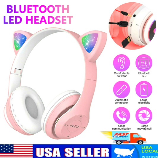 Audifonos Inalambricos Bluetooth 5.0 Cat LED Mic Auriculares para Mujer Niñas