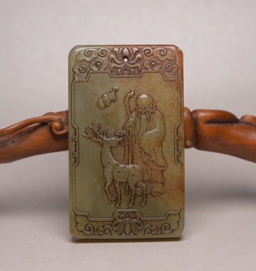 Collection Chinese Antique Hetian Jade Carved God Of Longevity Figure Pendant