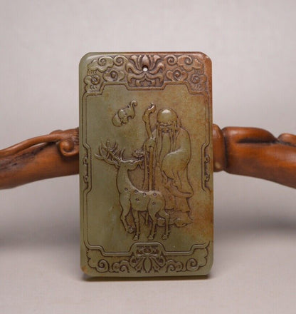 Collection Chinese Antique Hetian Jade Carved God Of Longevity Figure Pendant