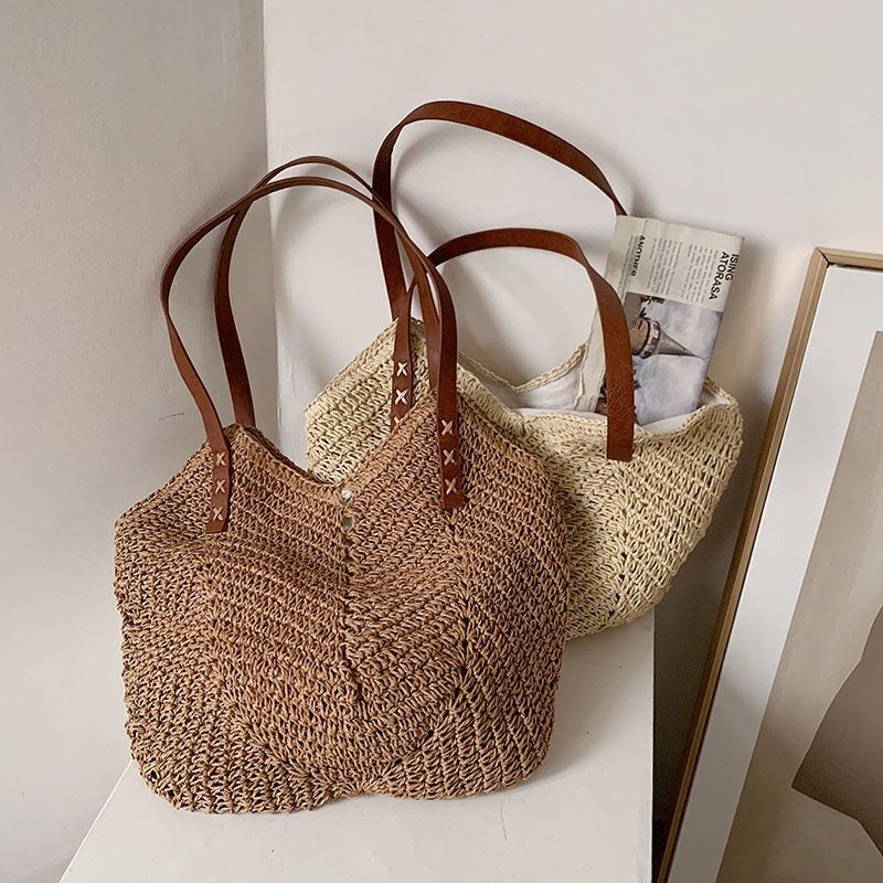 Large Straw Tote Bag Hollow Woven Shoulder Bags Summer Beach Handbag Traveling