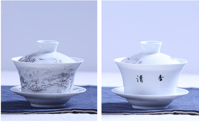 280ml Chinese Porcelain Gaiwan Tureen Relief Snow View Pattern Tea Bowl Cup