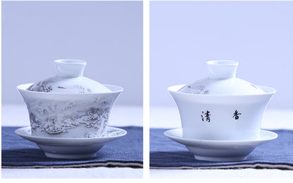 280ml Chinese Porcelain Gaiwan Tureen Relief Snow View Pattern Tea Bowl Cup