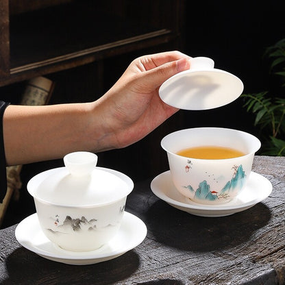 Jade Porcelain Gaiwan Hand Drawing Boutique Tureen Cup Saucer Lid Sancai Bowl