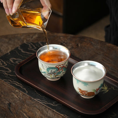 12 Tea Cups Ceramic + Silver Master Cup Zodiac Signs Print 150ml Chinese Tea Cup