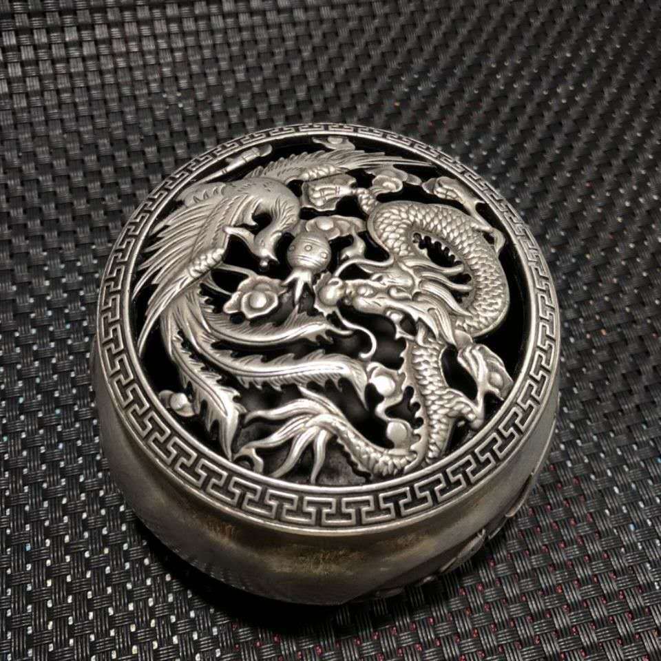Antique Copper Plated Silver Dragon and Phoenix Sculpture Statue