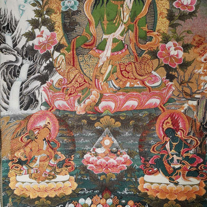36" Tibet Tibetan Cloth Silk Buddhism Green Tara Guanyin Tangka Thangka Mural 03