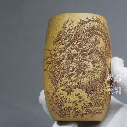 Yixing Purple Clay Dragon Cup Gold Section Clay Hand Carved Large Tea Cup
