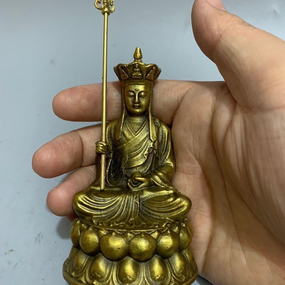 Vintage Brass Ksitigarbha Bodhisattva Statue Jiuhua Mountain Copper Ornament