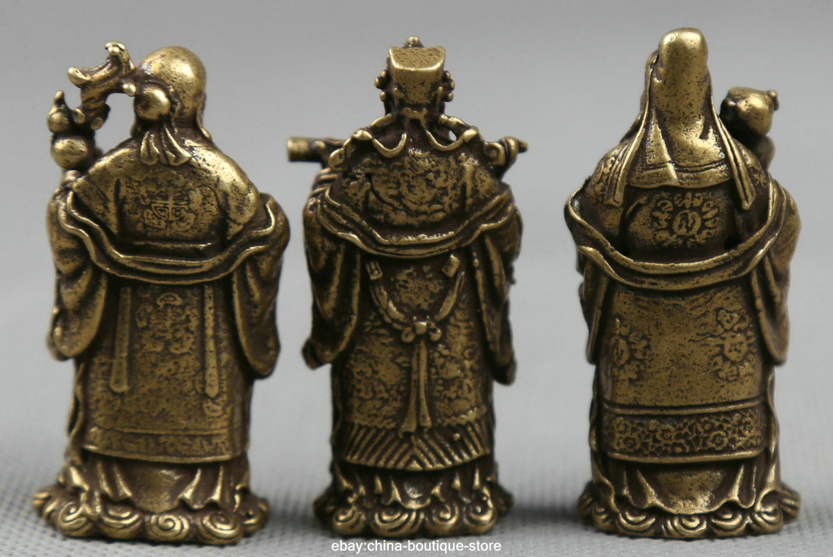 Small Curio Chinese Bronze Taoism 3 Longevity God Fu Lu Shou Life Wealth Statue