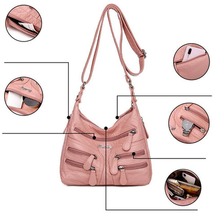 Sheepskin Leather Shoulder Bag Many Pockets Casual Crossbody Women Purse Handbag