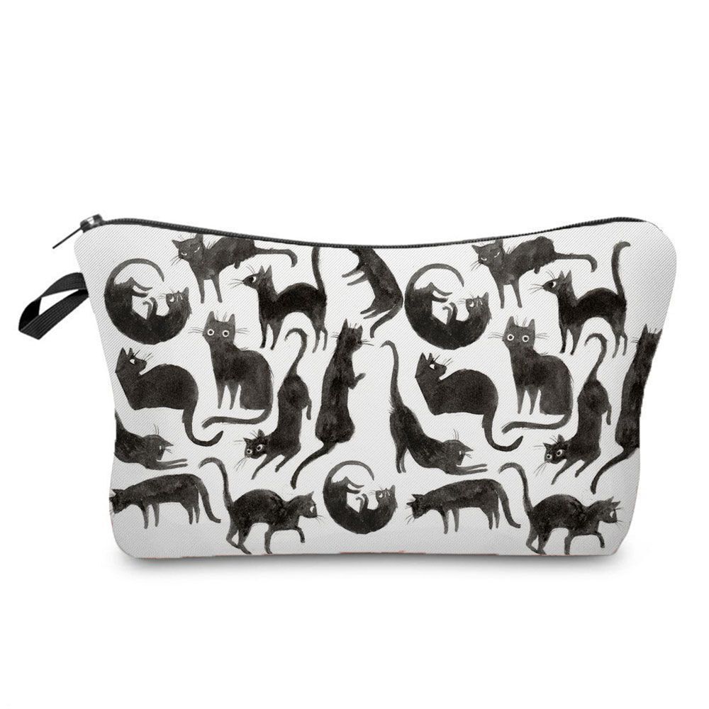 Makeup Bag Travel Storage Purse Mini Toiletry Bags Black Cat Print Cosmetic Case