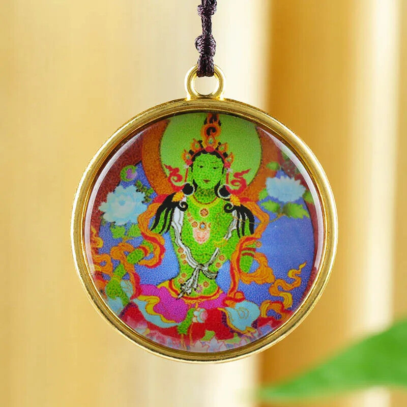 New Green Tara Buddha Statue Small Thangka Buddhism Copper Pendant Necklace