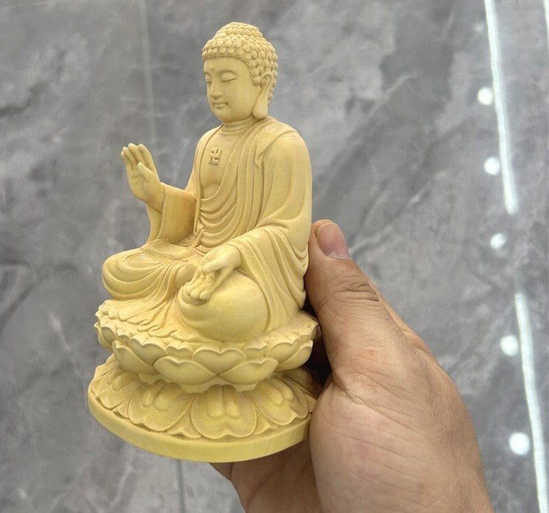 4" Boxwood Hand Carved Shakyamuni Buddha Statue Buddhism Zen Figure Shrine Decor
