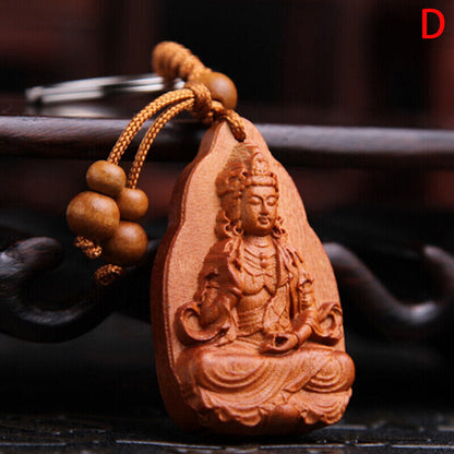 Lucky Jewelry Wood Carving Buckle Buddha Pendant Keychain Car Bag Keyrinzo