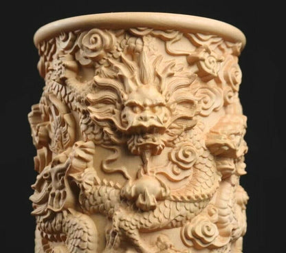 Chinese Boxwood Wood Hand Carving Nine Dragon Pen Holder Statue Decor