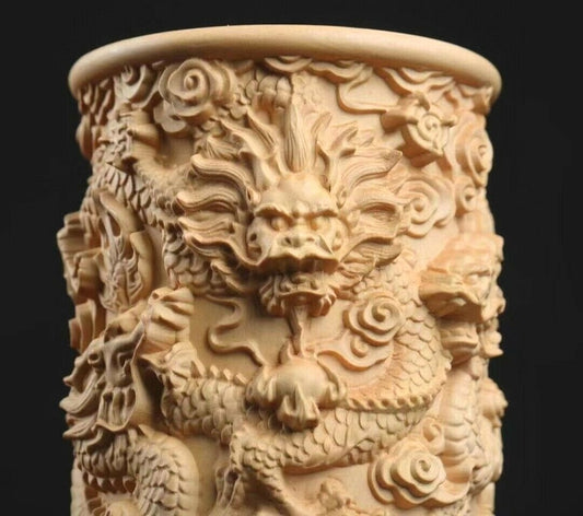 Chinese Boxwood Wood Hand Carving Nine Dragon Pen Holder Statue Decor