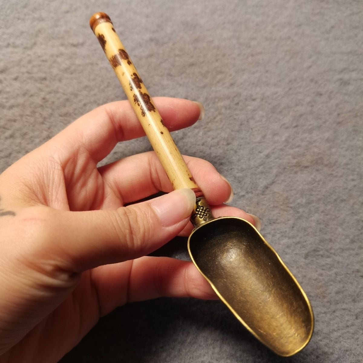 Vintage Xiangfei Bamboo Tea Scoop Brass Ceremony Accessory Spotted Bamboo