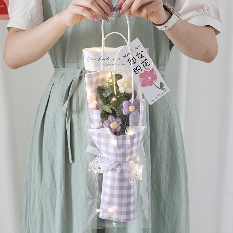 Crochet Flowers Bouquet Milk Cotton Hand-Knitted LED Light Gift Bag Floral Decor