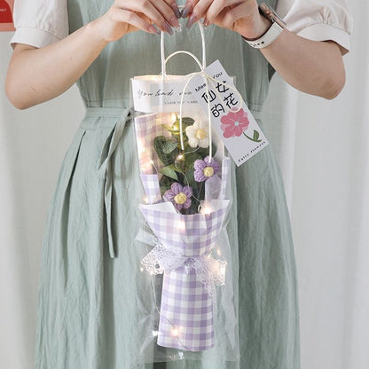 Crochet Flowers Bouquet Milk Cotton Hand-Knitted LED Light Gift Bag Floral Decor