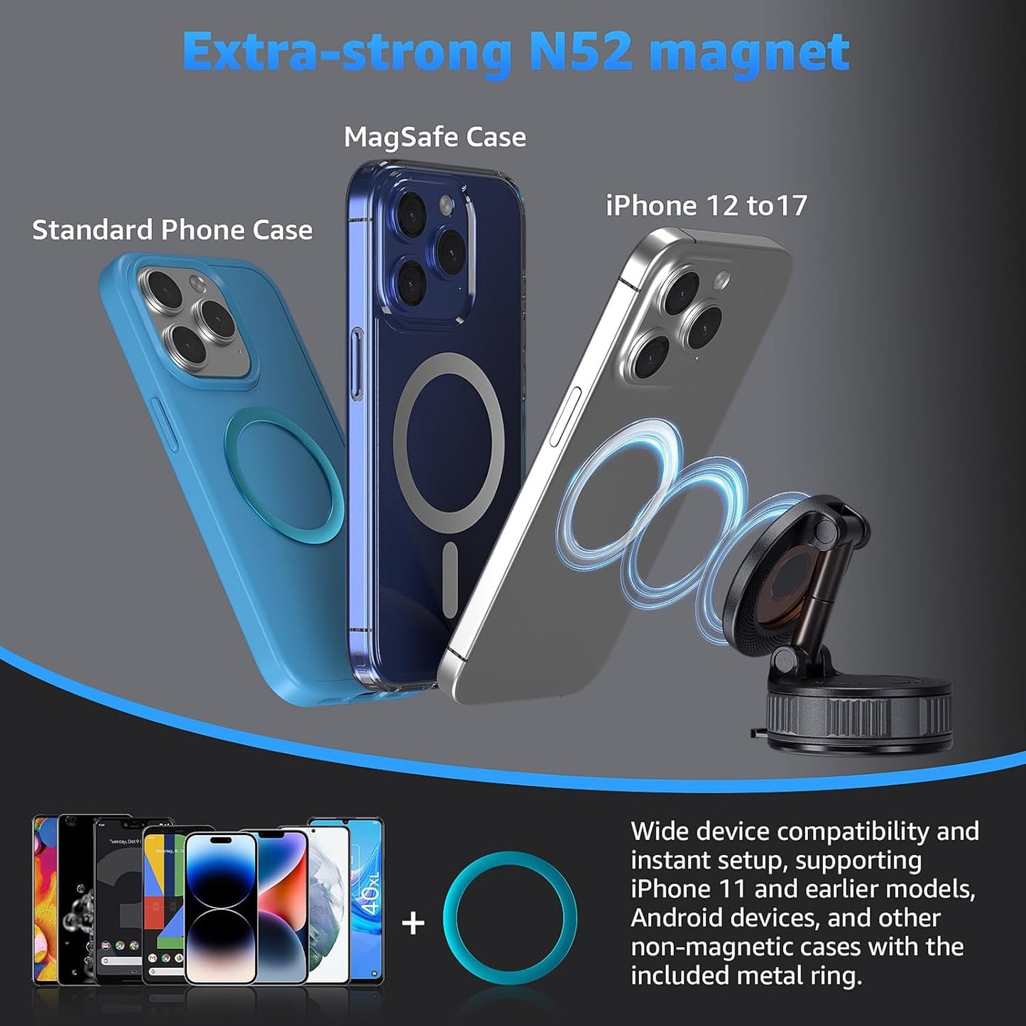 Upgraded Vacuum Magnetic Phone Holder for Car,360° Adjustable Suction Cup Phone