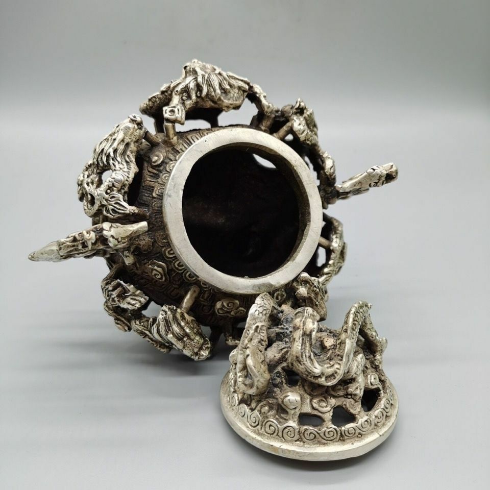 Silver Nine Dragon Censer Old Stamp Tripod Incense Burner Statue Collection