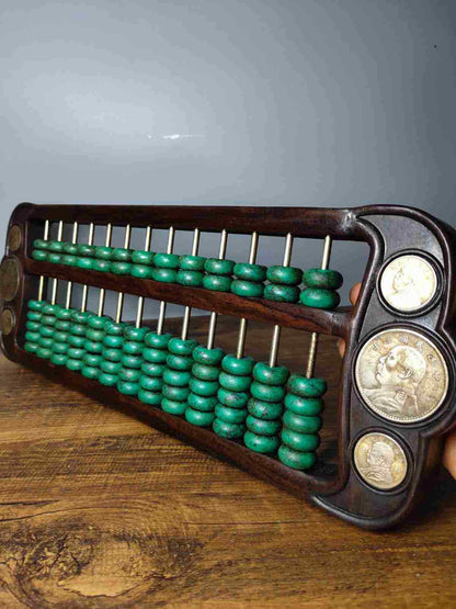 Chinese Rosewood Inlaid Silver Dollar & Turquoise Bead Exquisite Abacus